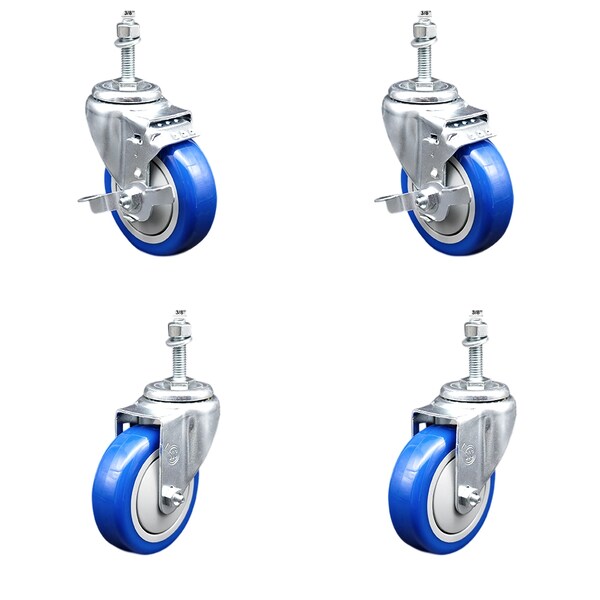 Service Caster 4 Inch SS Blue Polyurethane Swivel 3/8 Inch Threaded Stem Caster Brakes, 2PK SSTS20S414-PPUB-BLUE-TLB-381615-2-S2 - main